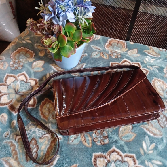 Vintage Genuine EEL Skin Leather Redish/Brown Clutch Purse W/Removable Strap 10" - Picture 7 of 16